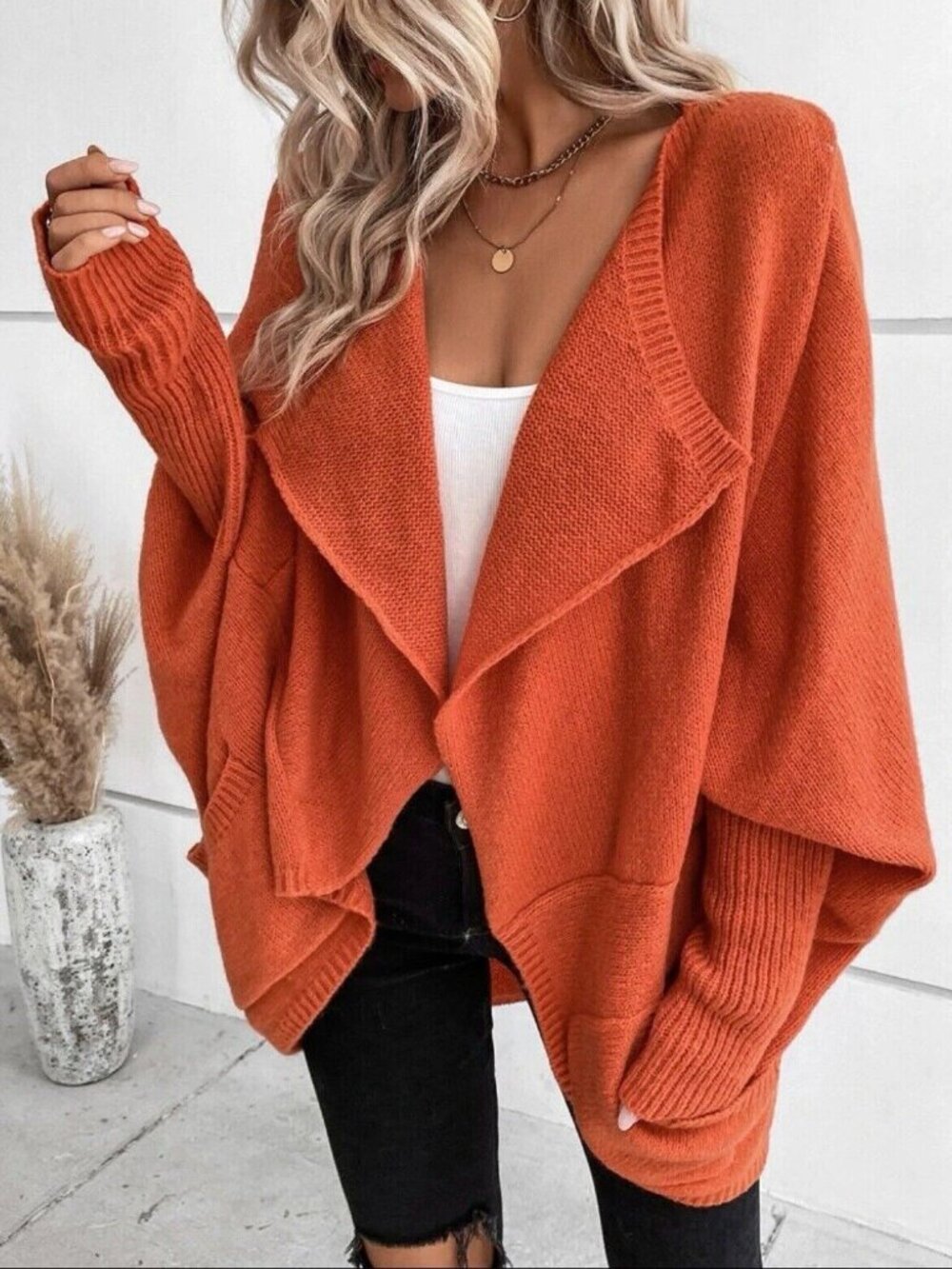 Waterfall Collar Batwing Sleeve Open Front Cardigan Knit Sweater Casual M 6